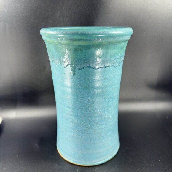 1995 Galena Pottery Company Large Heavy Vase Vessel Turquoise Drip Glaze Signed - Picture 13 of 16